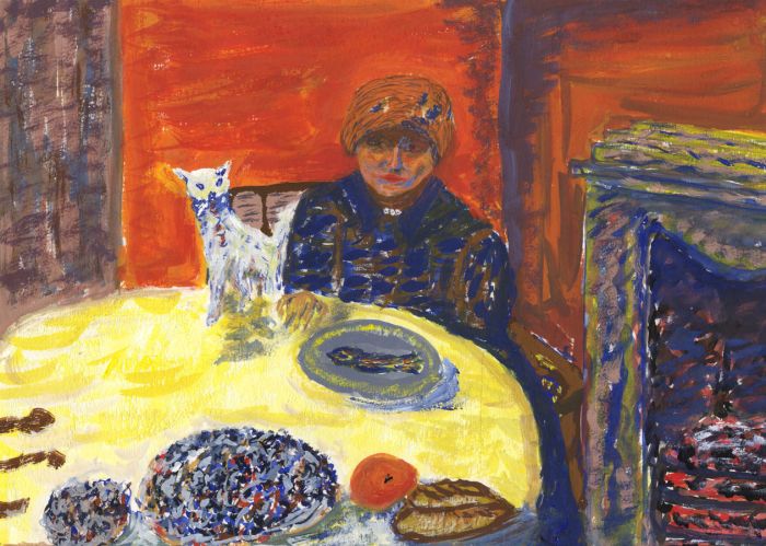 Contemporary Gouache - Portrait of Woman at Table with Cat