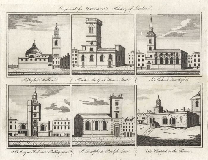 A set of seven 1776 Engravings of 41 Churches
