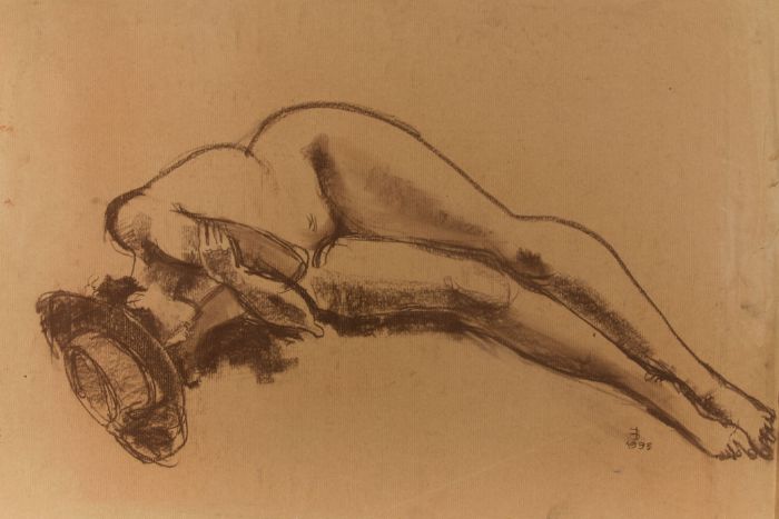 Modern British School - 1993 Crayon, Female Nude with Sun Hat