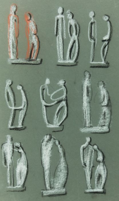 Mid 20th Century Pastel - Sculptural Figures in the Manner of Henry Moore
