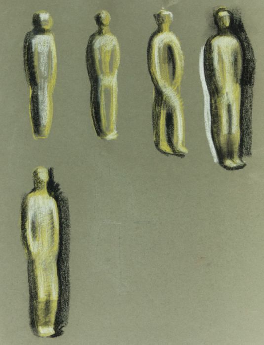 Mid 20th Century Pastel - Sculptural Figures in the Manner of Henry Moore