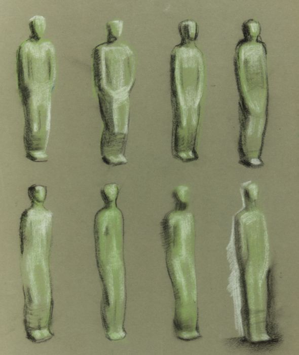 Mid 20th Century Pastel - Sculptural Figures in the Manner of Henry Moore