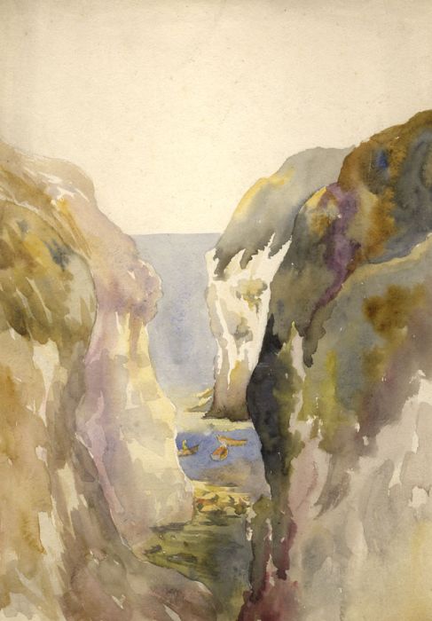 Hildred Harpin - 1928 Watercolour, Rowing Boats in a Rocky Bay