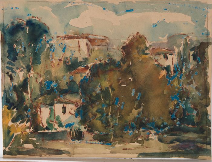 Mid 20th Century Mixed Media - Buildings and Trees