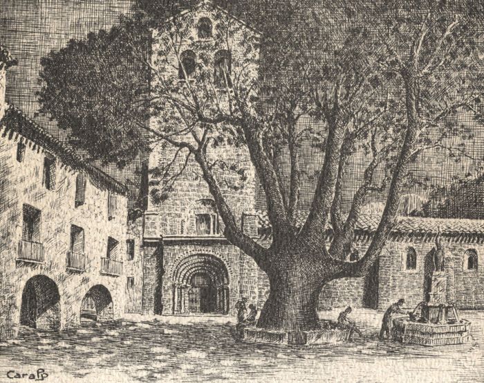 Maurice Caralp (1912-1993) - Mid 20th Century Etching, French Church Courtyard