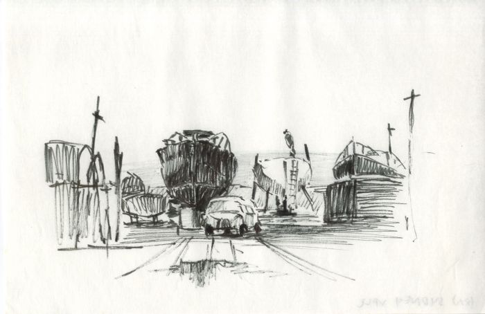 Sydney Vale FRSA - Mid 20th Century Pen and Ink Drawing, Shipyard