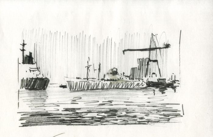 Sydney Vale FRSA - A Pair of Mid 20th Century Pen and Ink Drawings, Ship View