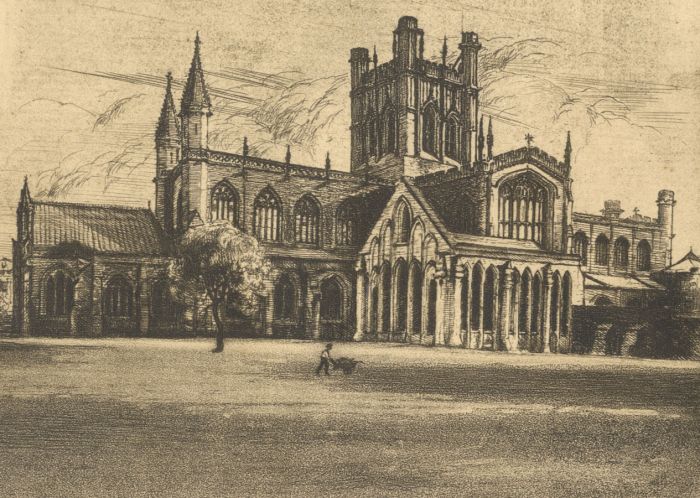 Bertha Gorst - 20th Century Etching, View of a Cathedral with a Groundsman