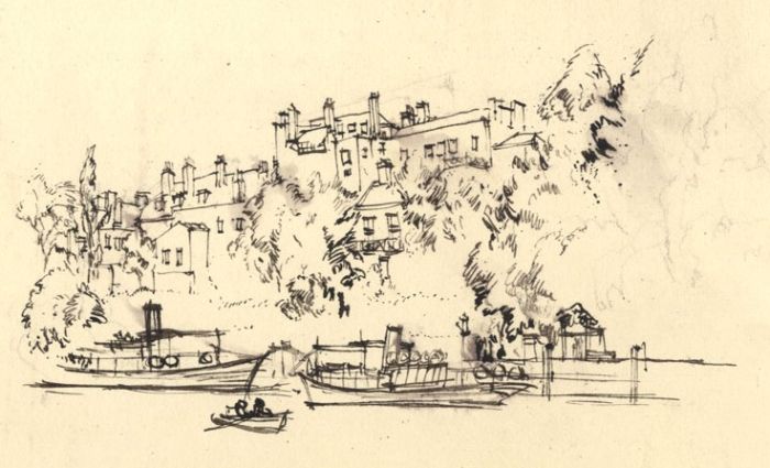 Austin Blomfield - Mid 20th Century Pen and Ink Drawing, Buildings on Riverbank