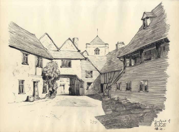 Austin Blomfield - 1941 Charcoal Drawing, Courtyard of the George, Dorchester