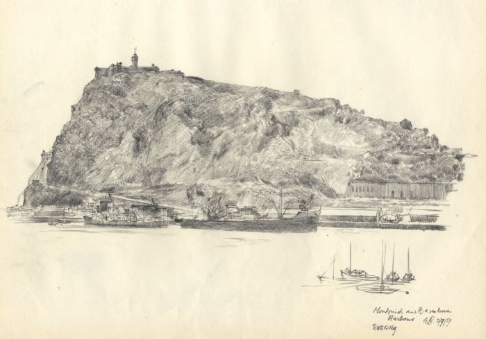 Austin Blomfield - 1957 Charcoal Drawing, Montjuic and Barcelona Harbour