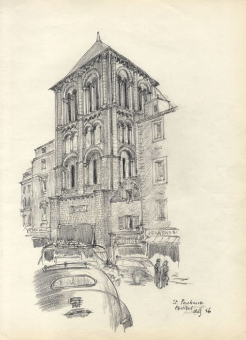 Austin Blomfield - 1956 Charcoal Drawing, Saint-Porchaire, Poitiers