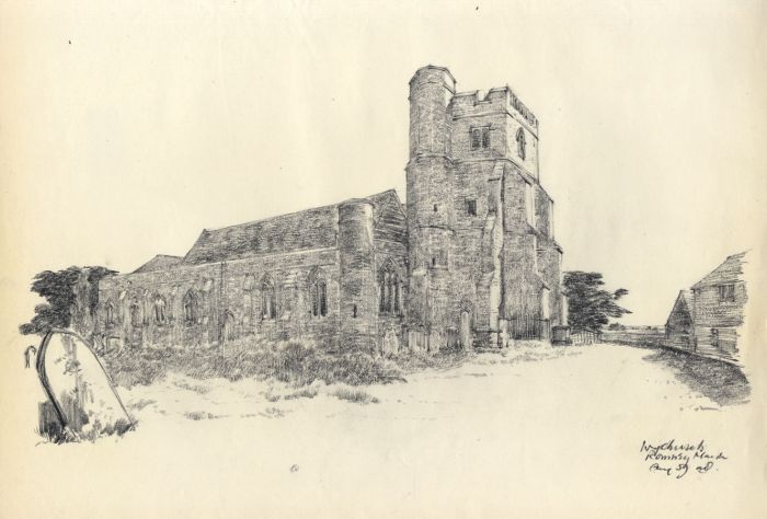 Austin Blomfield - 1959 Charcoal Drawing, Ivy Church, Romney Marsh