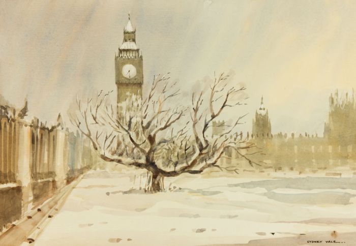 Sydney Vale FRSA Large Watercolour, Houses of Parliament in the Snow, London