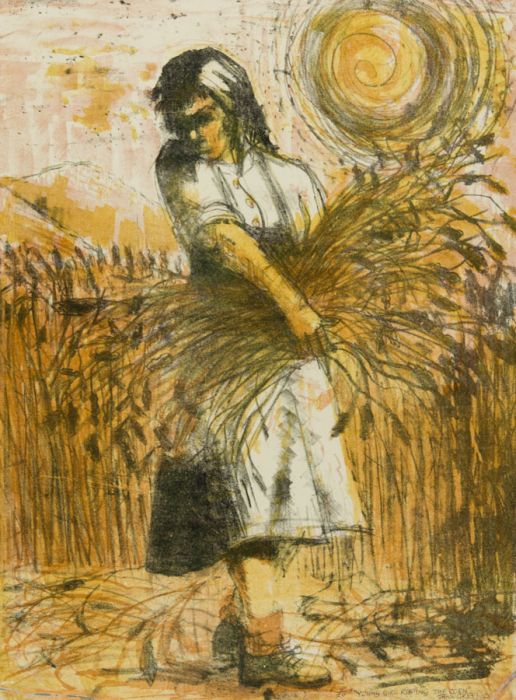 Ian W. Green - 1995 Chromolithograph, Young Girl Reaping the Corn