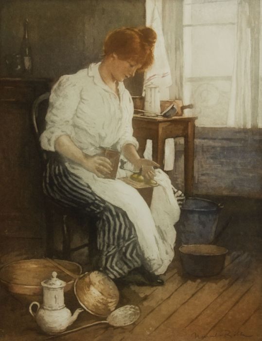 Manuel Robbe (1872-1936) - French Aquatint, Red-Headed Woman Grinding Coffee