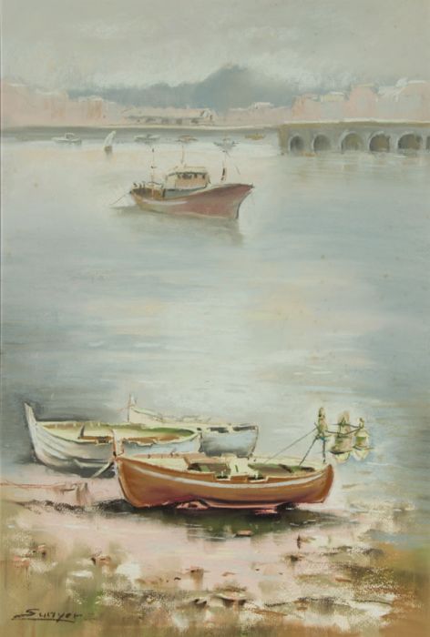 Sunyer - Mid 20th Century Pastel, Boats at Low Tide