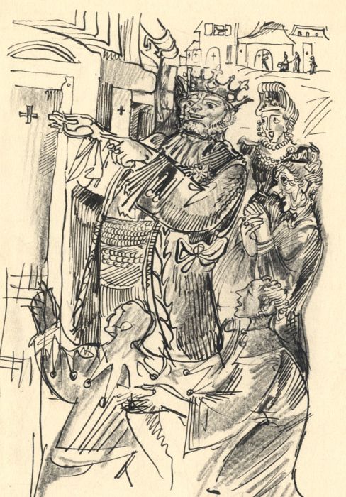 Hans Baumhauer - 1958 Pen and Ink Drawing, The Emperor's New Clothes
