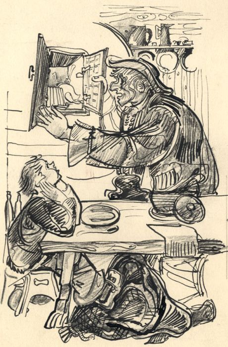 Hans Baumhauer - 1958 Pen and Ink Drawing, At the Table