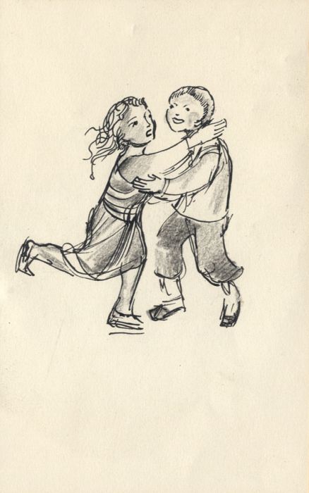 Hans Baumhauer - 1958 Pen and Ink Drawing, Brother and Sister