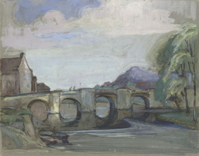 Mid 20th Century Watercolour - Walking Across the Bridge