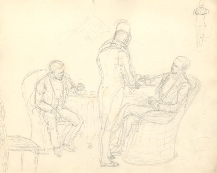 Harry B. Tansley - Late 19th Century Graphite Drawing, Having a Cup of Tea