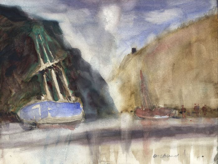 M. Brand - Contemporary Watercolour, Ships in a Harbour
