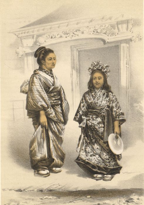 E. Brown - 1856 Lithograph, Mother and Child, Simoda