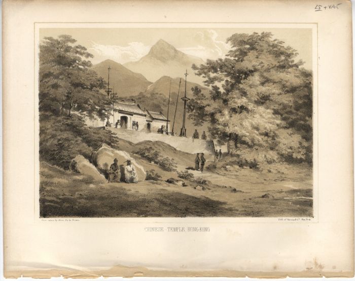Wilhelm Heine - 1856 Lithograph, Chinese Temple, Hong Kong
