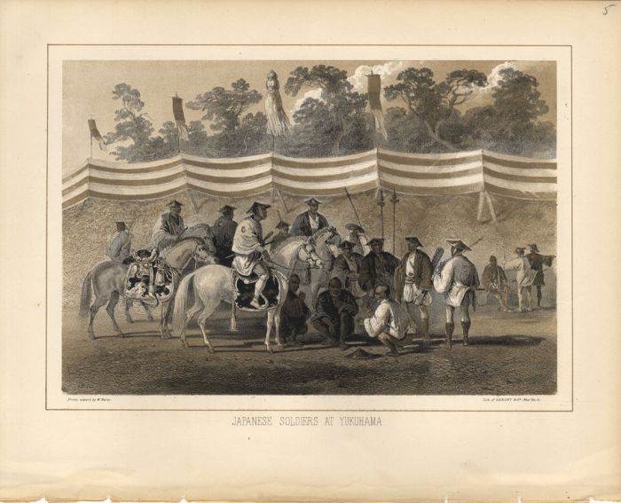Wilhelm Heine - 1856 Lithograph, Japanese Soldiers at Yukuhama