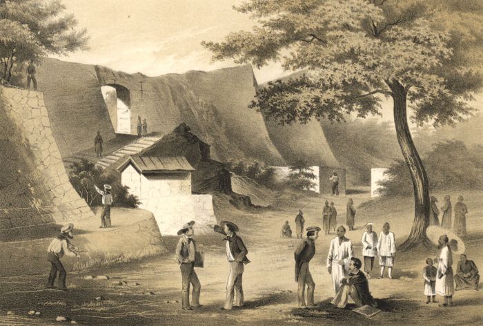 Wilhelm Heine - 1856 Lithograph, Na-Ga-Gus-Ko Castle, Lew Chew