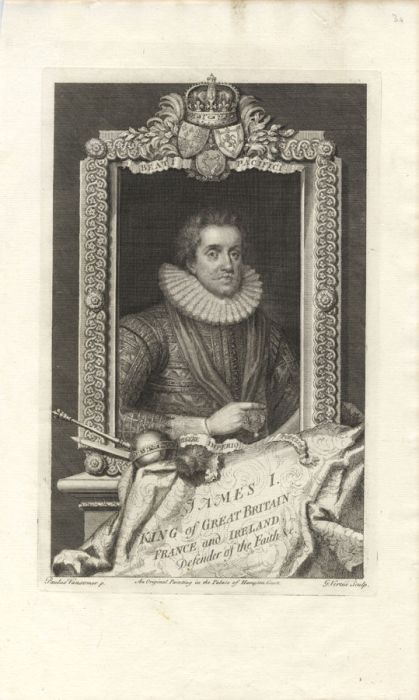 George Vertue after Paul van Somer - 1732 Engraving, King James I