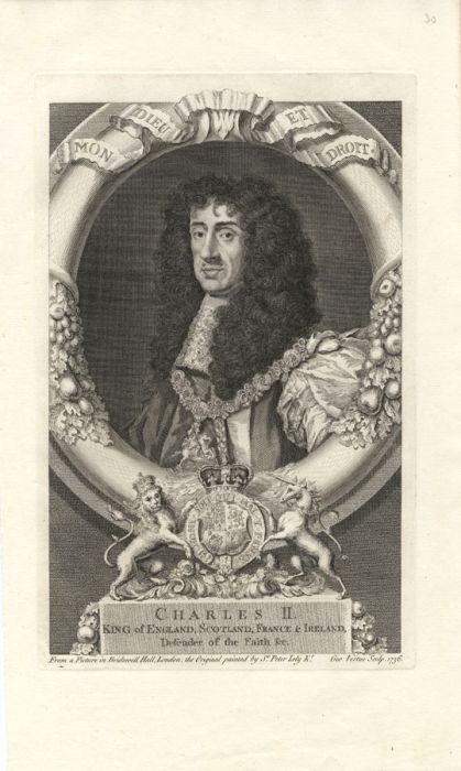 George Vertue after Sir Peter Lely - 1736 Engraving, King Charles II