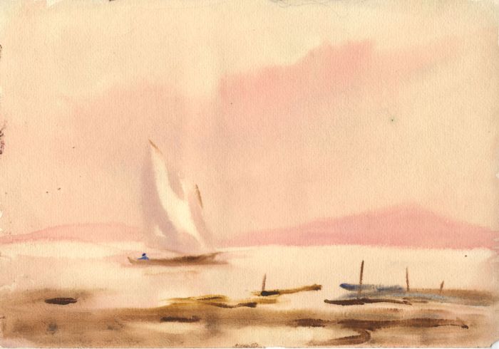 Jean Alexander - Mid 20th Century Watercolour, Sailing in a Pink Landscape