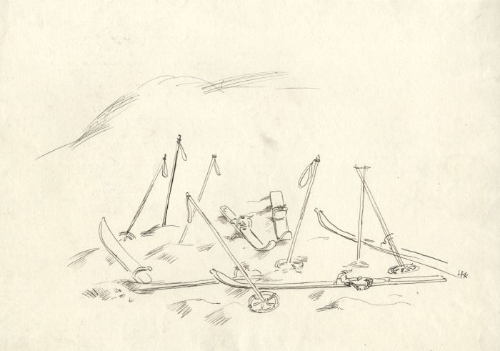 H.K. - Mid 20th Century Pen and Ink Drawing, Abandoned Skis