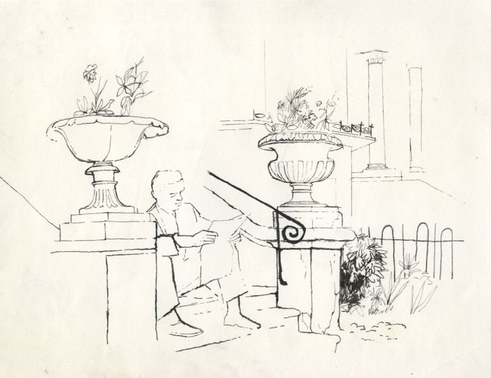 Barbara Dorf - Mid 20th Century Pen and Ink Drawing, Sitting on the Porch