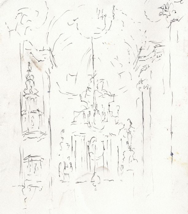 Barbara Dorf - Mid 20th Century Pen and Ink Drawing, Church Interior Sketch