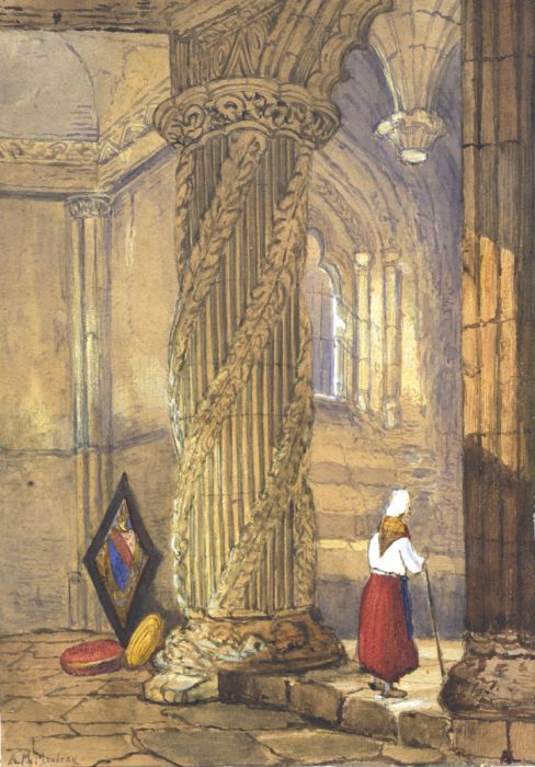 A.M. Bowbray - Fine 1863 Gouache, The Apprentice Pillar, Roslyn Chapel