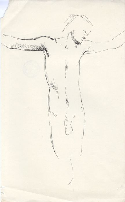 Barbara Dorf - Mid 20th Century Pen and Ink Drawing, Male Nude Figure