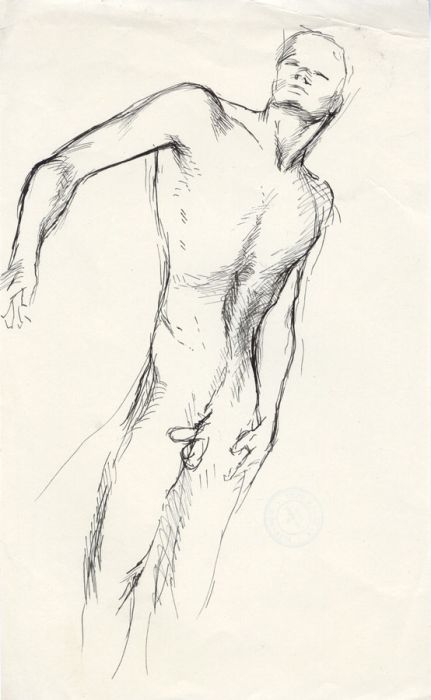 Barbara Dorf - Mid 20th Century Pen and Ink Drawing, Reclining Male Nude