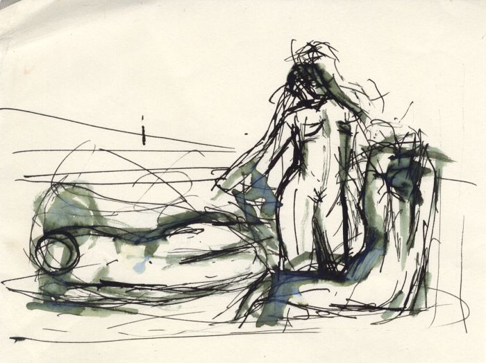 Barbara Dorf - Mid 20th Century Pen and Ink Drawing, Nude by a Chair and Bed