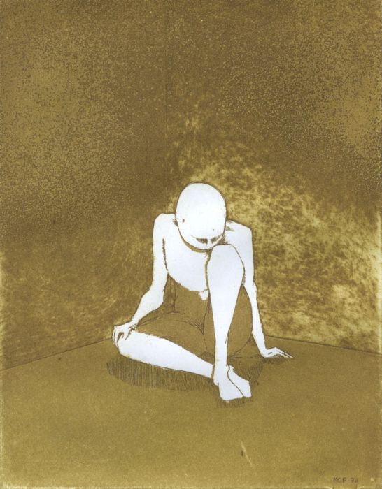 M.C.F. - 1970 Etching, Figure Sitting in Corner