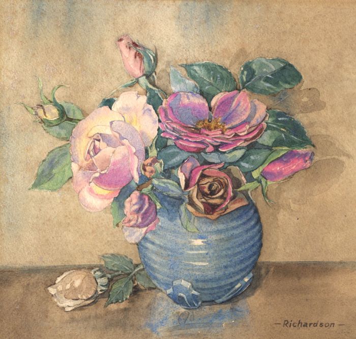 Richardson - Mid 20th Century Watercolour, Vase of Roses