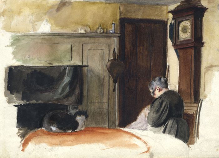 Joseph Clark - Charming Late 19th Century Watercolour, Cat, Clock and Lady