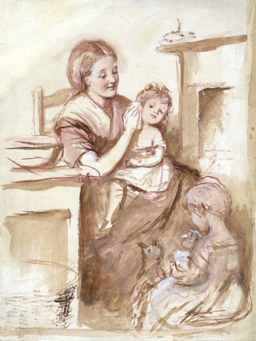 Joseph Clark - Charming Late 19th Century Watercolour, Washing the Children