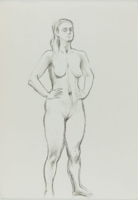 Barbara Dorf - Mid 20th Century Charcoal Drawing, Nude with Arms Akimbo