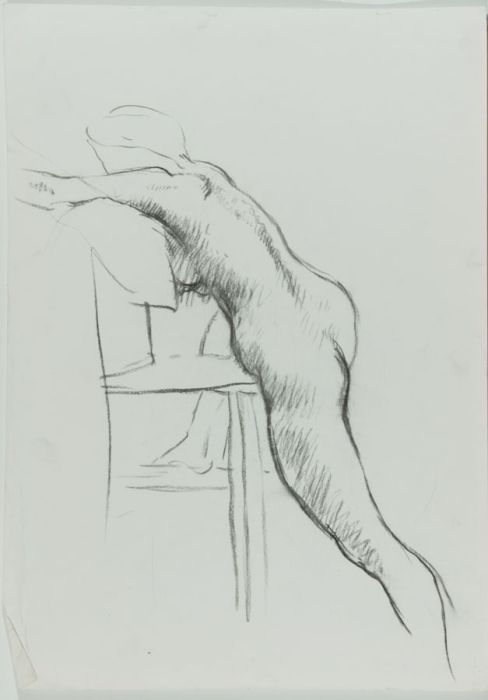 Barbara Dorf - Mid 20th Century Charcoal Drawing, Nude Leaning Against Chair