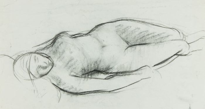 Barbara Dorf - Mid 20th Century Charcoal Drawing, Reclining Female Nude