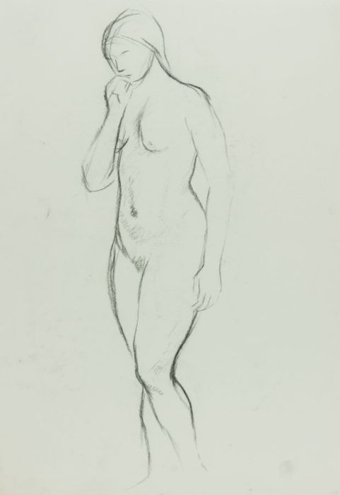 Barbara Dorf - Mid 20th Century Charcoal Drawing, Nude with Hand Against Chin