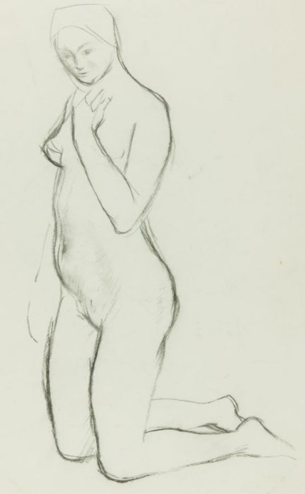 Barbara Dorf - Mid 20th Century Charcoal Drawing, Kneeling Female Nude